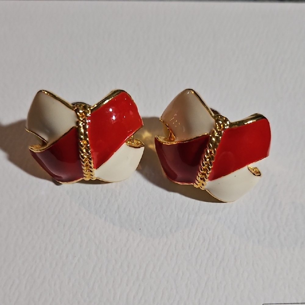 Red and White X Clip On Earrings